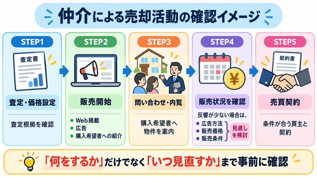 仲介による不動産売却の流れとして、査定・価格設定、販売開始、問い合わせ・内覧、販売状況の確認、売買契約の5段階と、反響が少ない場合の見直しポイントを示したフロー図