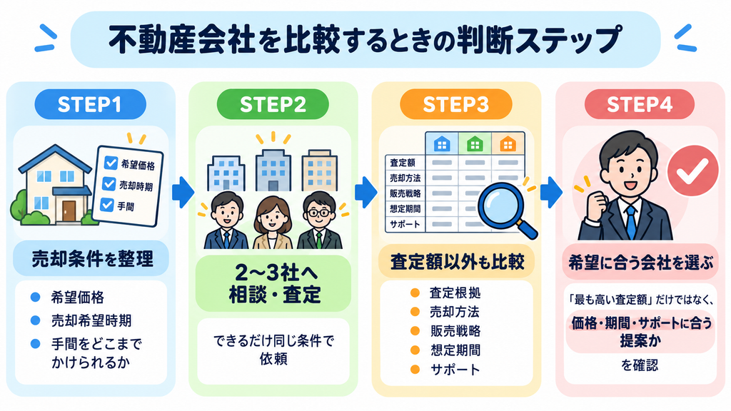 不動産会社を比較する際に、売却条件の整理、2〜3社への相談・査定、査定額以外の比較、希望に合う会社選びの4ステップを示した図解