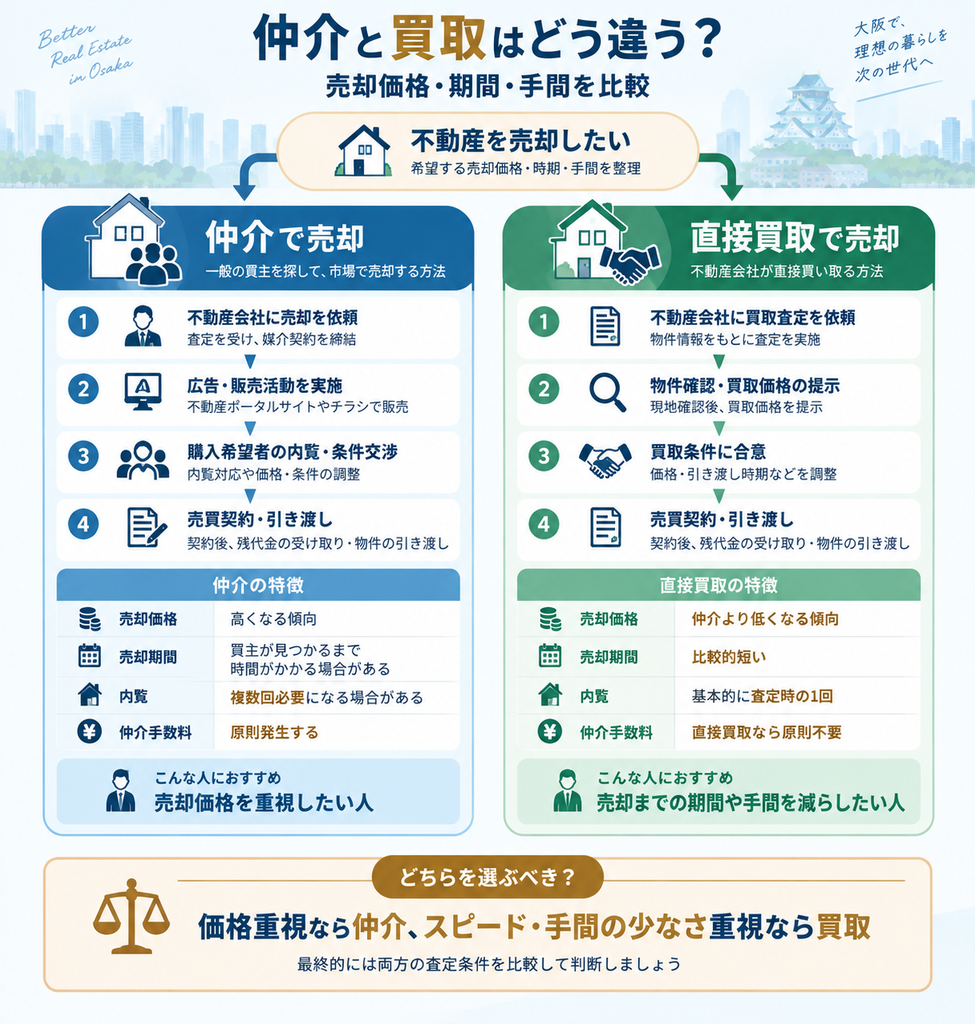 不動産売却の仲介と直接買取について、買主・売却の流れ・価格・期間・内覧回数の違いを比較した図