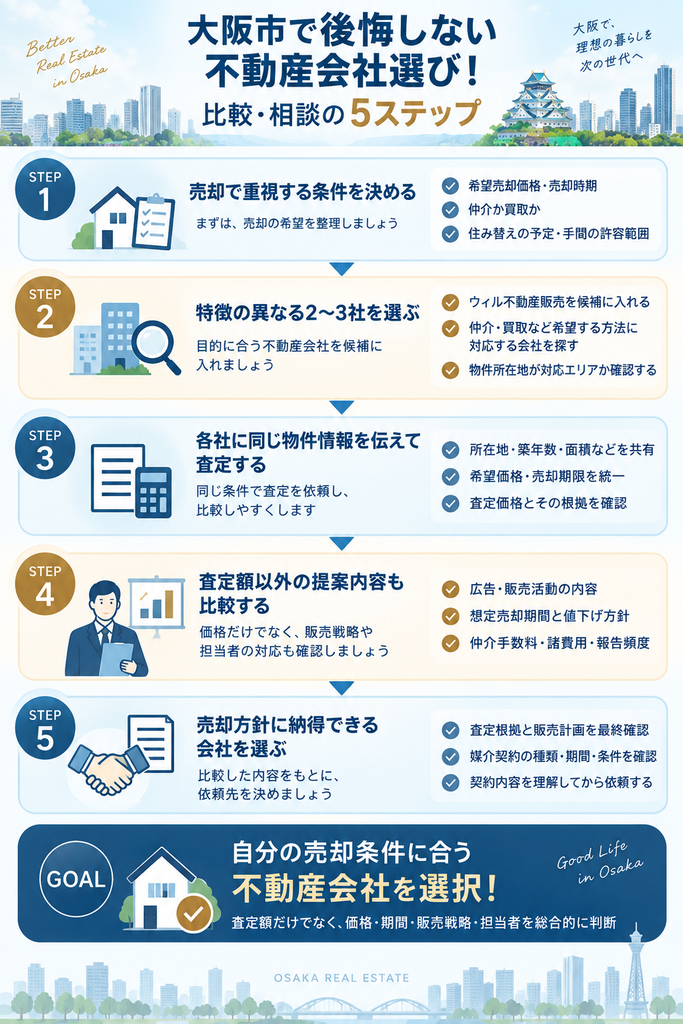 大阪市で不動産会社を選ぶ際の条件整理、会社選定、査定依頼、提案比較、契約確認の5ステップを示した図